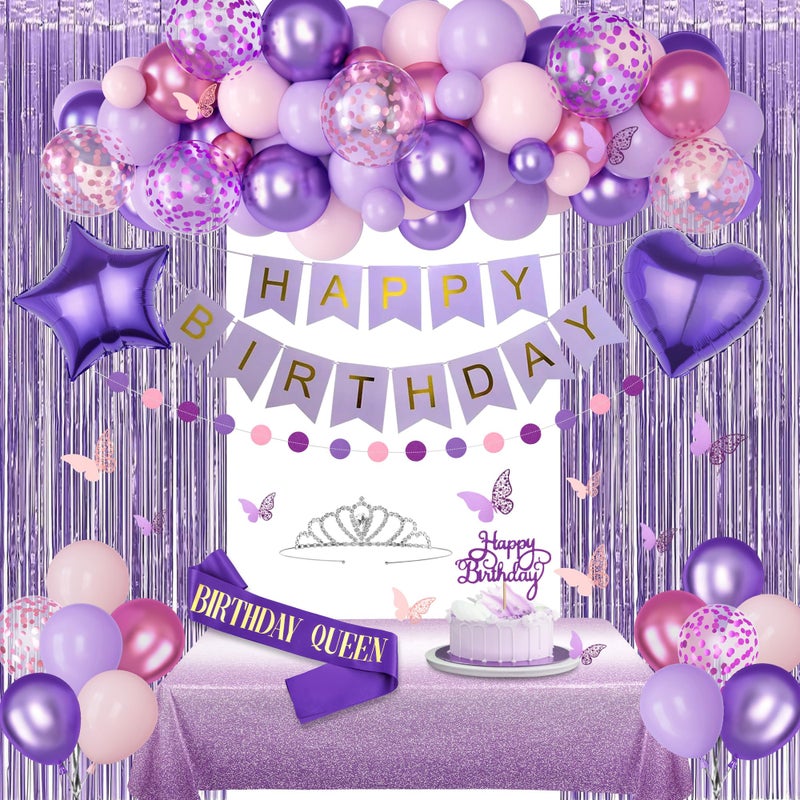 Amandir Purple Birthday Decorations for Women Girls Pastel Pink and Purple Balloons Foil Table Cloth Sash Crown Fringe Curtains Happy Birthday Banner Circle Garland Butterfly Cake Topper Party Supplies - Image 3