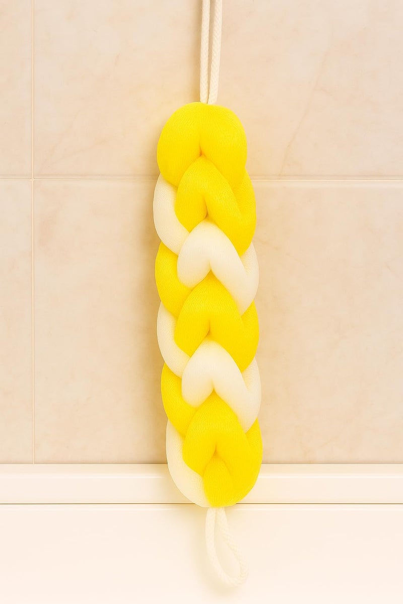 Premium Bath Loofah Set with Long Handle Brush, Round Sponge, Braided Belt Scrubber, Yellow and White, Pack of 3 - Image 2