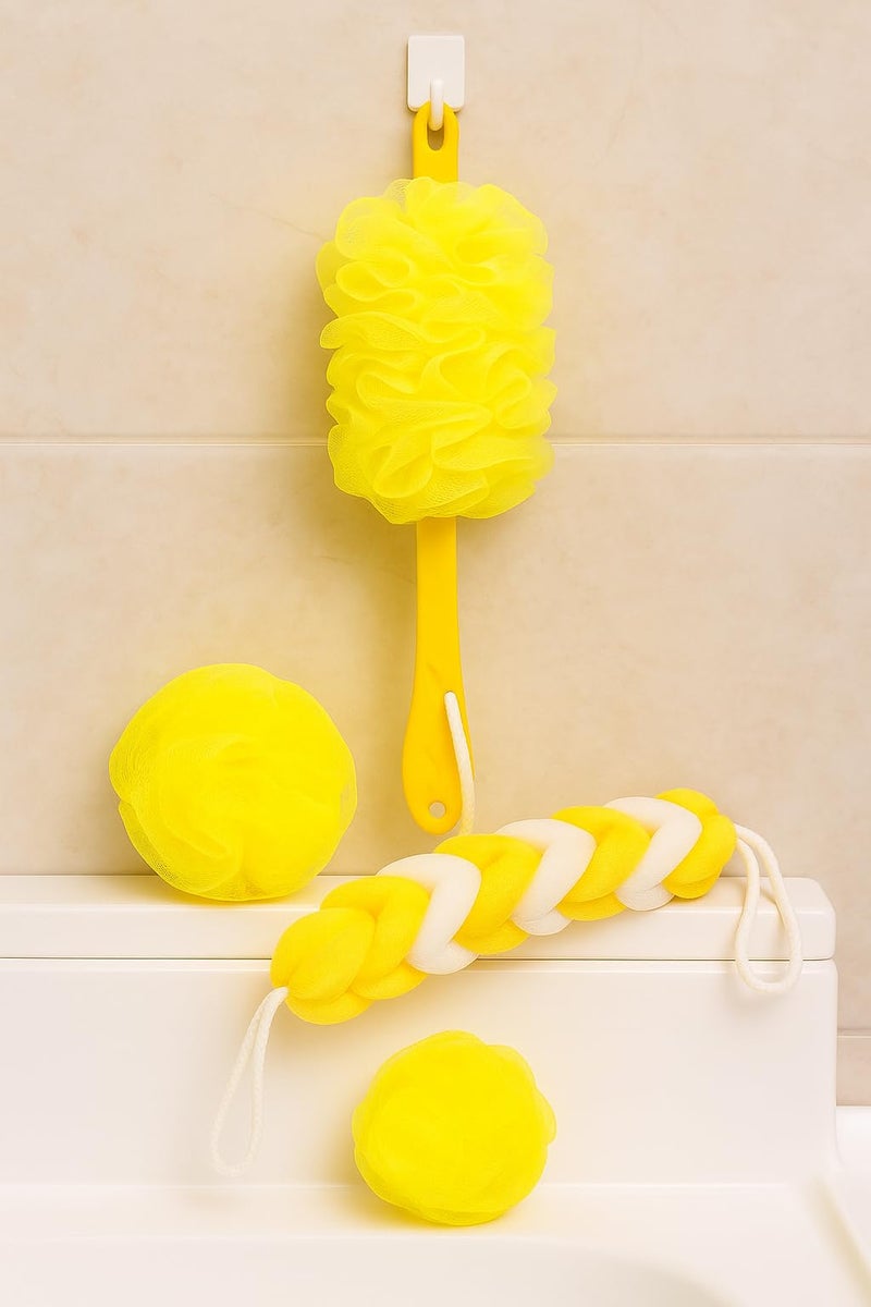 Premium Bath Loofah Set with Long Handle Brush, Round Sponge, Braided Belt Scrubber, Yellow and White, Pack of 3 - Image 1