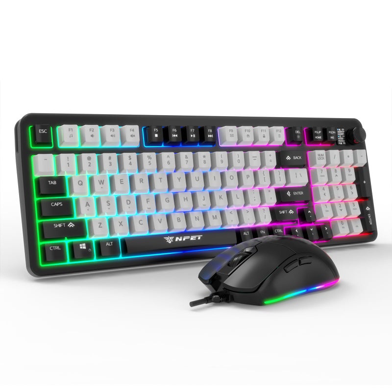NPET Wired Keyboard and Mouse Combo, 98 Keys Mechanical Feel Quiet Membrane Keyboard with Knob, Double-Shot Keycaps, Spill-Resistant, 26-Key Rollover, RGB Backlight for PC/Mac Gamers - Image 1