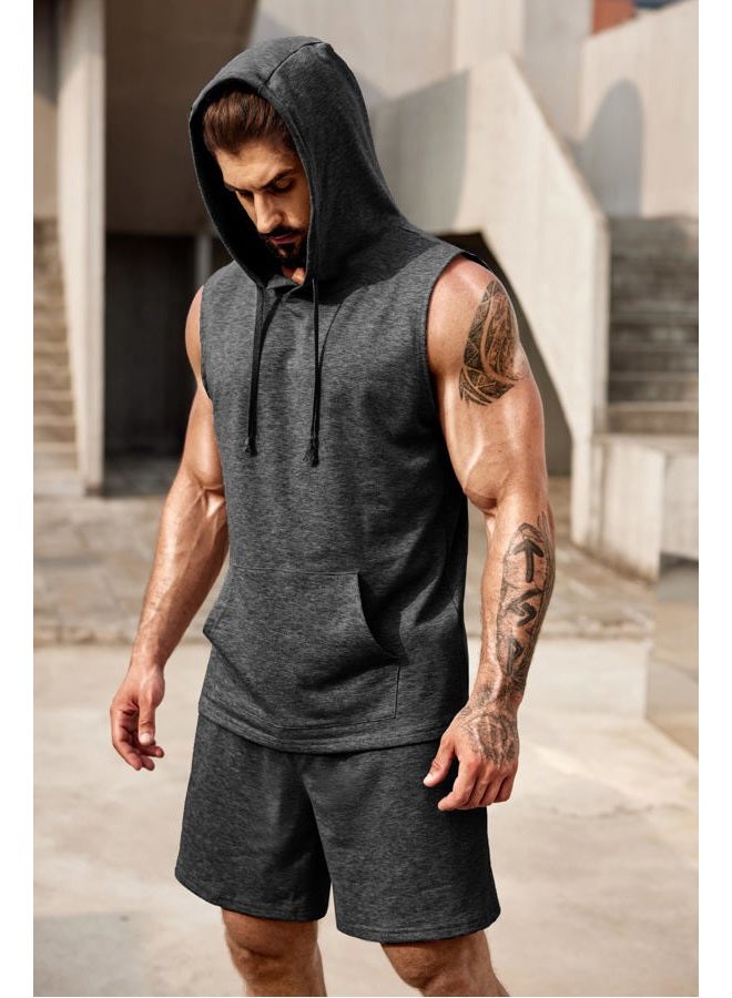 COOFANDY Mens Sleeveless Workout Hoodie Shorts Set 2 Piece Outfits Hooded Tank Tops Gym Tracksuit Sweatsuits, Dark Grey, L - Image 3