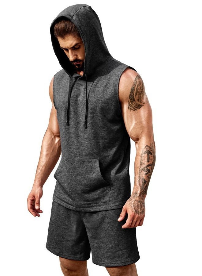 COOFANDY Mens Sleeveless Workout Hoodie Shorts Set 2 Piece Outfits Hooded Tank Tops Gym Tracksuit Sweatsuits, Dark Grey, L - Image 1