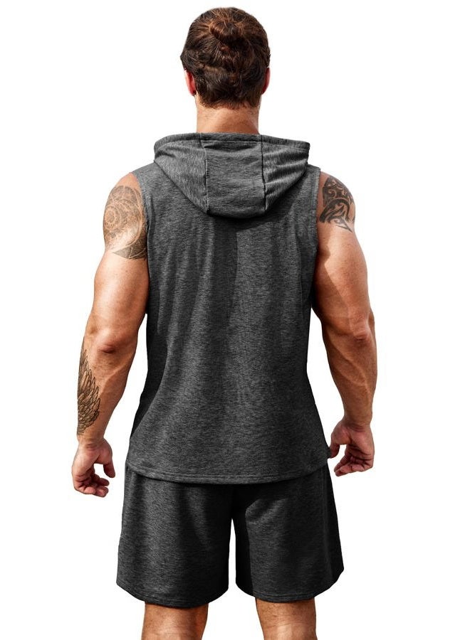 COOFANDY Mens Sleeveless Workout Hoodie Shorts Set 2 Piece Outfits Hooded Tank Tops Gym Tracksuit Sweatsuits, Dark Grey, L - Image 2
