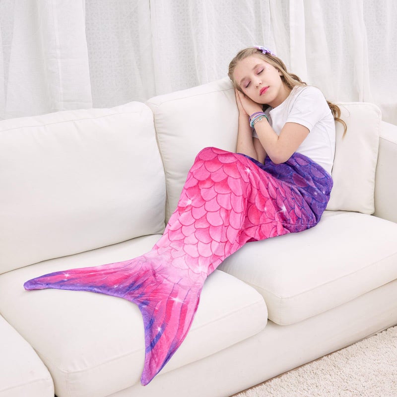 WERNNSAI Mermaid Tail Blanket - Mermaid Wearable Blankets for Kids Girls Soft Flannel Mermaid Scale Sleeping Bags All Seasons Snuggle Blanket (Purple & Pink) - Image 2