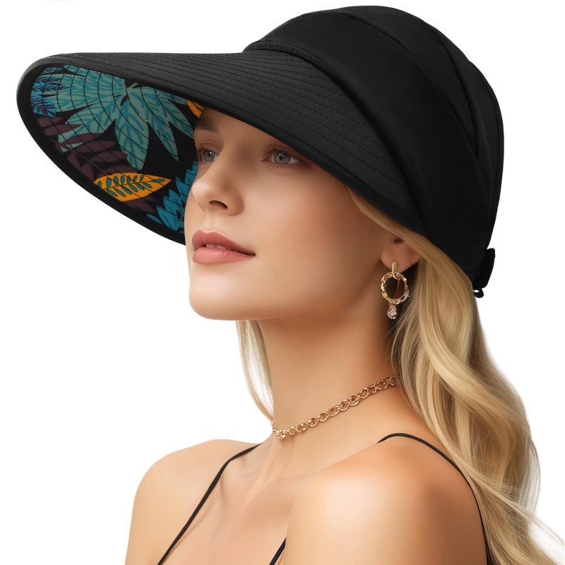 Pleneal Sun Hats for Women, Wide Brim Beach Hats UV Protection, Packable Visor Ponytail Sunhat for Summer, Black - Image 1