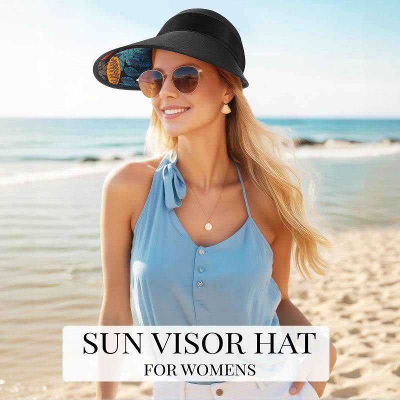 Pleneal Sun Hats for Women, Wide Brim Beach Hats UV Protection, Packable Visor Ponytail Sunhat for Summer, Black - Image 2