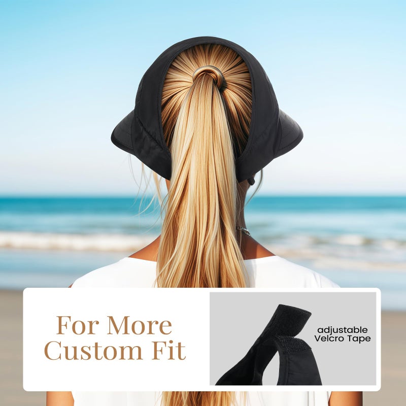Pleneal Sun Hats for Women, Wide Brim Beach Hats UV Protection, Packable Visor Ponytail Sunhat for Summer, Black - Image 5