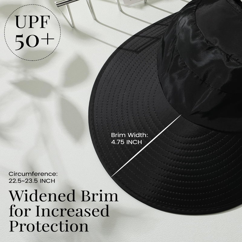 Pleneal Sun Hats for Women, Wide Brim Beach Hats UV Protection, Packable Visor Ponytail Sunhat for Summer, Black - Image 4