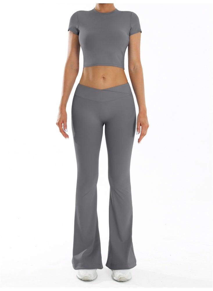 general 2 Pieces Yoga Set Gym Sportswear Workout Clothes Sport Flared Leggings Short Sleeve Tracksuits - Image 1