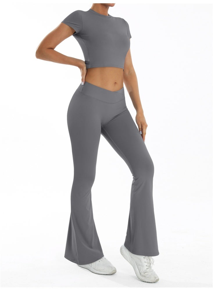 general 2 Pieces Yoga Set Gym Sportswear Workout Clothes Sport Flared Leggings Short Sleeve Tracksuits - Image 3