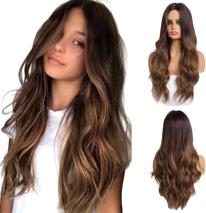 Long Brown Wig Synthetic Wavy Wig for Women Female Natural Daily Hair with Middle Part Full Wigs for EverydayPartyCosplay