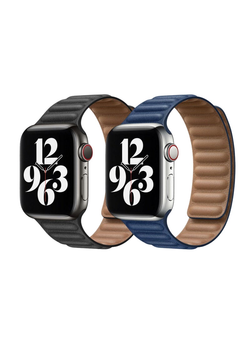YOMNA For Apple Watch Leather Link Band Strap iWatch Series 40/44/41/45mm Black Strap with Midnight Blue Strap  - Image 1