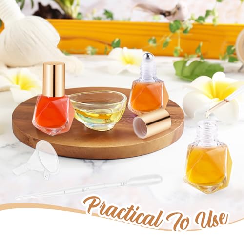 Mirrline 30 Pcs 8ml/0.27oz Essential Oil Roller Bottles Glass Polygonal Roller Bottles Empty Cosmetic Vials Containers with Stainless Steel Roller Balls for Travel Perfume Essential Oil, 2 Dropper, 1 Funnel - Image 4