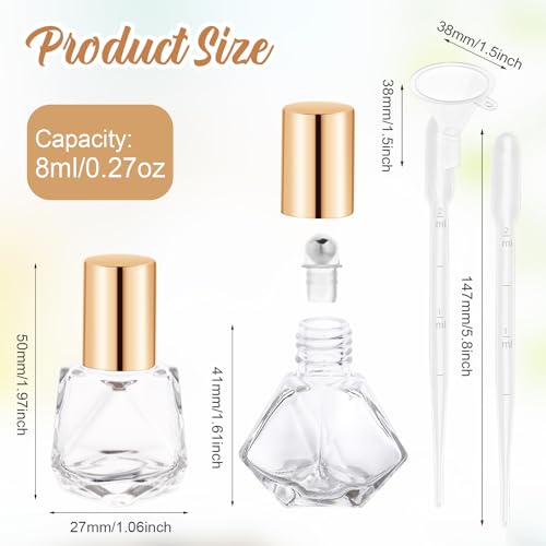 Mirrline 30 Pcs 8ml/0.27oz Essential Oil Roller Bottles Glass Polygonal Roller Bottles Empty Cosmetic Vials Containers with Stainless Steel Roller Balls for Travel Perfume Essential Oil, 2 Dropper, 1 Funnel - Image 2