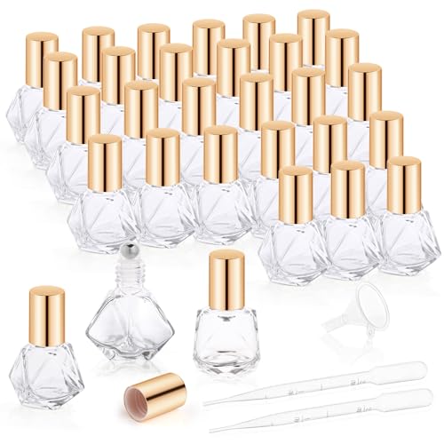 Mirrline 30 Pcs 8ml/0.27oz Essential Oil Roller Bottles Glass Polygonal Roller Bottles Empty Cosmetic Vials Containers with Stainless Steel Roller Balls for Travel Perfume Essential Oil, 2 Dropper, 1 Funnel - Image 1