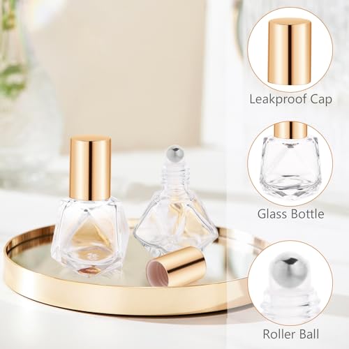 Mirrline 30 Pcs 8ml/0.27oz Essential Oil Roller Bottles Glass Polygonal Roller Bottles Empty Cosmetic Vials Containers with Stainless Steel Roller Balls for Travel Perfume Essential Oil, 2 Dropper, 1 Funnel - Image 3