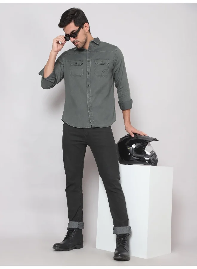 Beyoung Steel Grey Cotton Twill Casual Shirt for Men