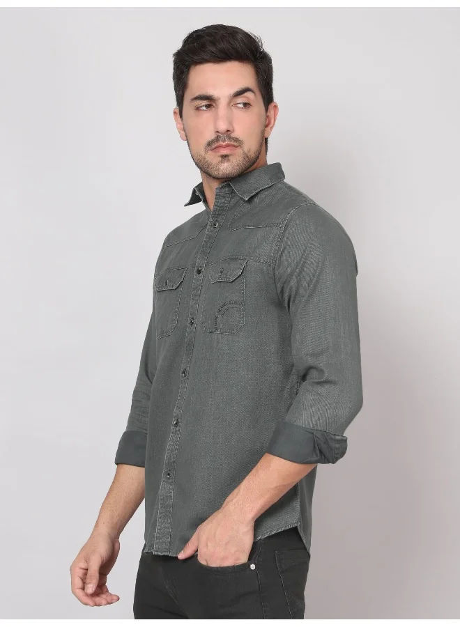Beyoung Steel Grey Cotton Twill Casual Shirt for Men