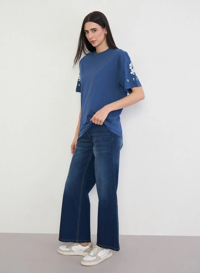 Styli Navy Blue Embroidered 100% Cotton Oversized T-Shirt