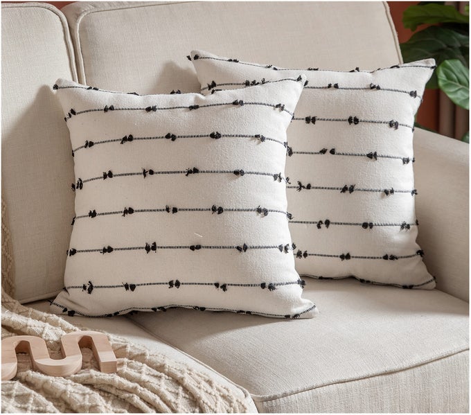 BOHO THROW PILLOW COVERS 18X18 INCHES BEIGE AND BLACK SET OF 2 MODERN FARMHOUSE DECORATIVE PILLOW COVERS FOR COUCH BED LIVING ROOM