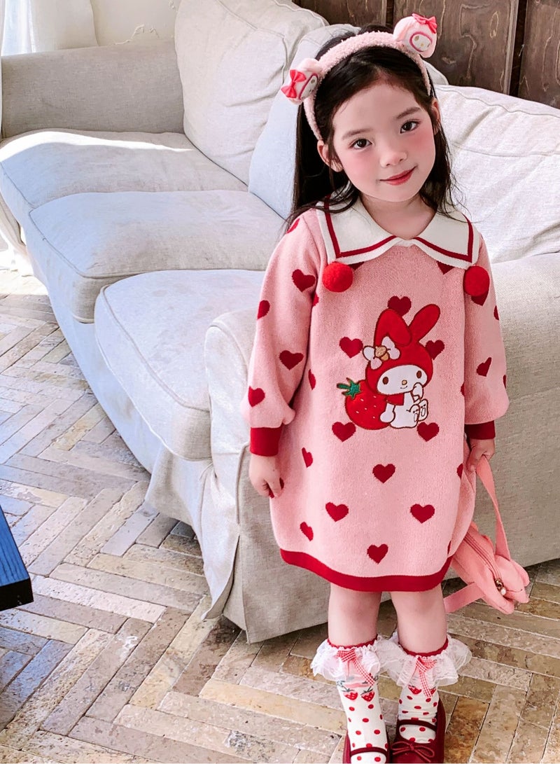 Three Piece Set — Girl's Knitted Collar Love Cartoon Sweet Dress, Hair Hoop, Handbag  - Image 1
