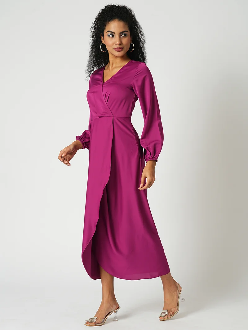 globus Women Wrap Neck Full Sleeves Tulip Hem Satin Midi Sheath Party Dress