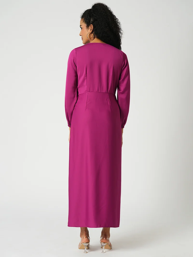 globus Women Wrap Neck Full Sleeves Tulip Hem Satin Midi Sheath Party Dress