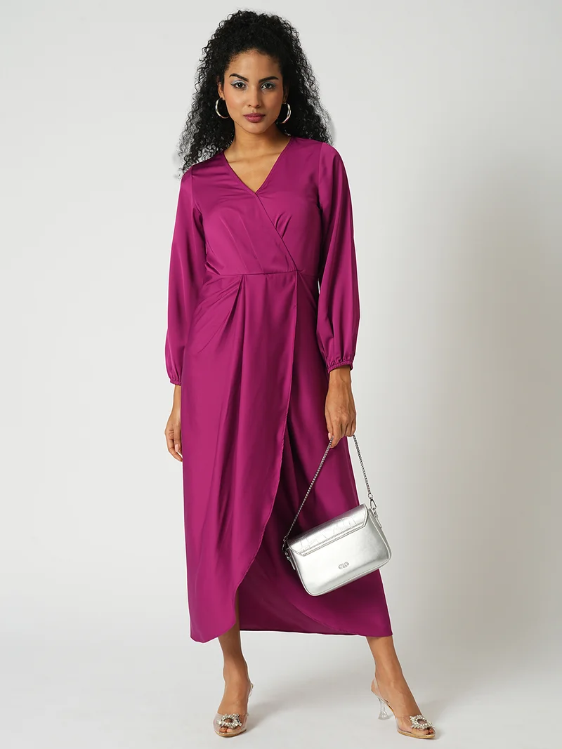 globus Women Wrap Neck Full Sleeves Tulip Hem Satin Midi Sheath Party Dress