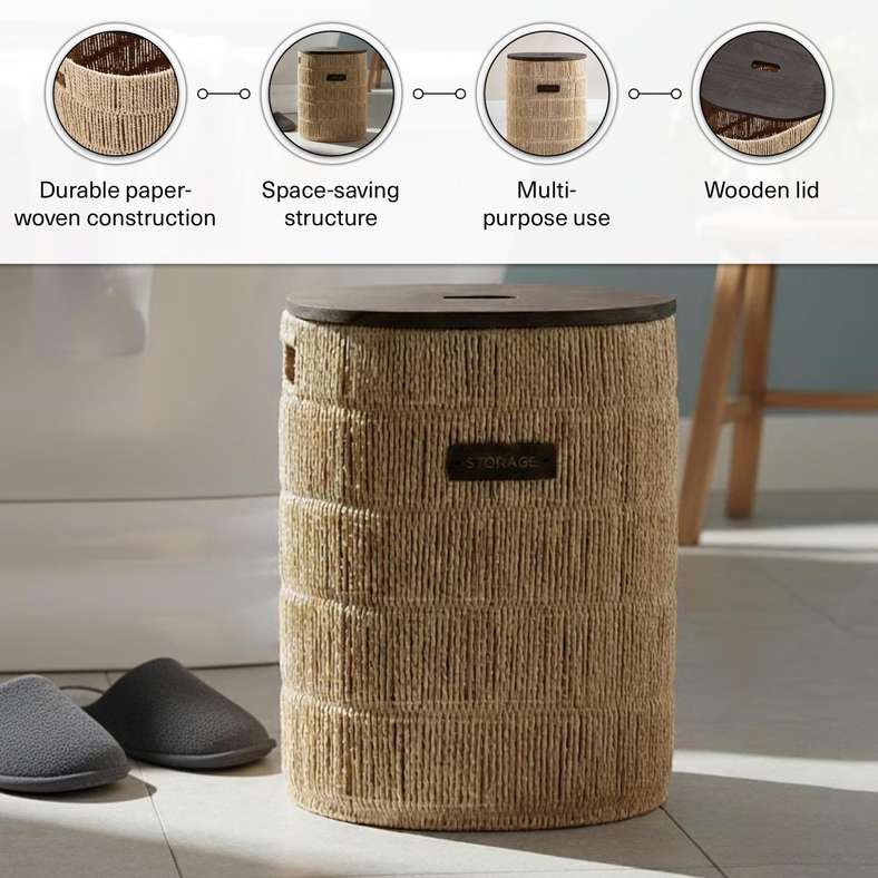 Pan Home Natural Laundry Hamper with Wooden Lid - Image 4