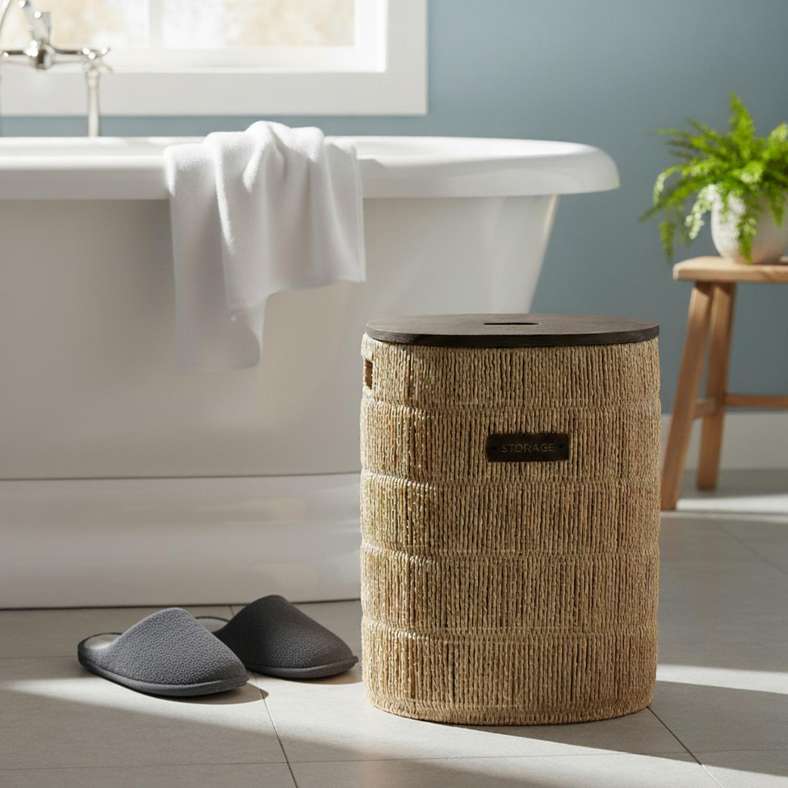Pan Home Natural Laundry Hamper with Wooden Lid - Image 1