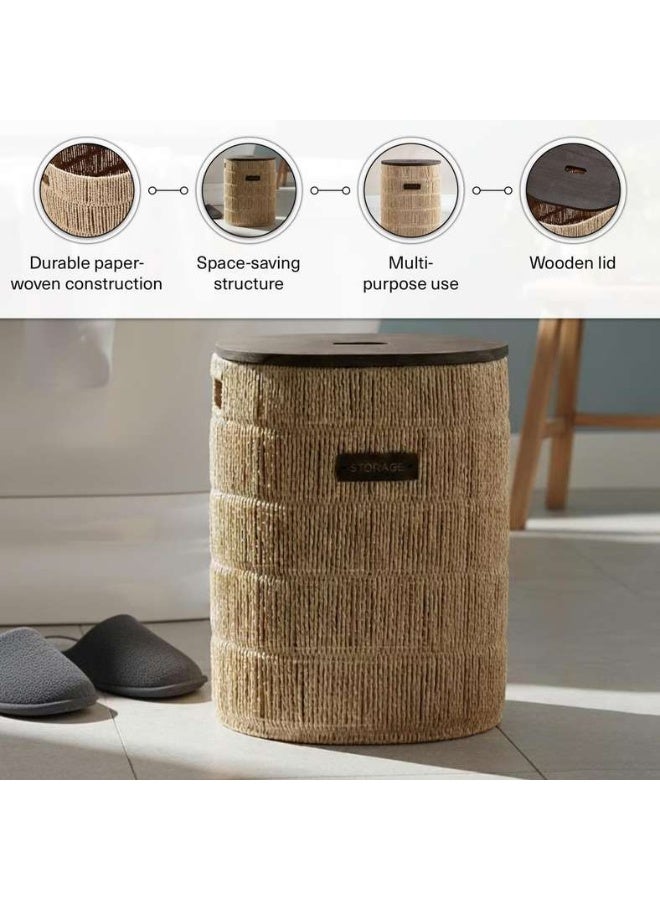 Pan Home سلة غسيل طبيعية بغطاء خشبي - Image 4
