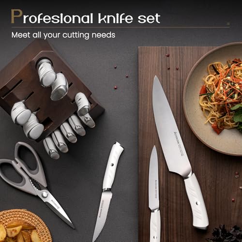 Astercook Knife Set, Astercook Kitchen Knife Set with Block, 15 Pcs Luxurious High Carbon German Stainless Steel Knives Set with Full Tang Ergonomic Handle, Dishwasher Safe Knife Set with Sharpening Rod, White - Image 5