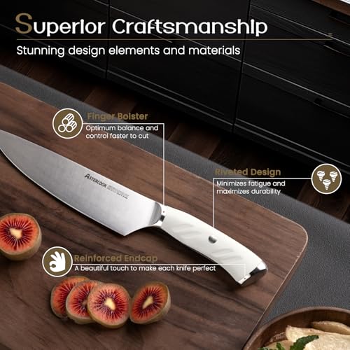 Astercook Knife Set, Astercook Kitchen Knife Set with Block, 15 Pcs Luxurious High Carbon German Stainless Steel Knives Set with Full Tang Ergonomic Handle, Dishwasher Safe Knife Set with Sharpening Rod, White - Image 3