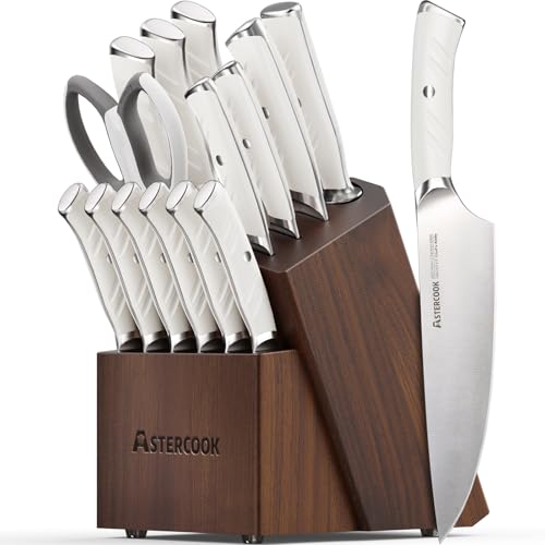 Astercook Knife Set, Astercook Kitchen Knife Set with Block, 15 Pcs Luxurious High Carbon German Stainless Steel Knives Set with Full Tang Ergonomic Handle, Dishwasher Safe Knife Set with Sharpening Rod, White - Image 1