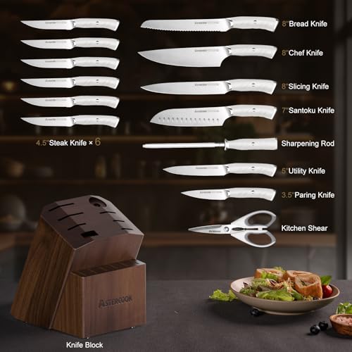 Astercook Knife Set, Astercook Kitchen Knife Set with Block, 15 Pcs Luxurious High Carbon German Stainless Steel Knives Set with Full Tang Ergonomic Handle, Dishwasher Safe Knife Set with Sharpening Rod, White - Image 2