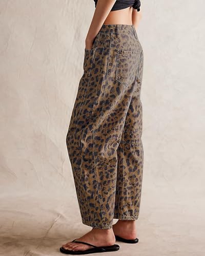 Kedera Women's Baggy Wide Leg Jeans Barrel Horseshoe Boyfriend Cropped Leopard Printed Denim Pants - Image 3