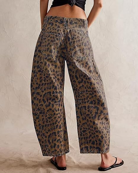 Kedera Women's Baggy Wide Leg Jeans Barrel Horseshoe Boyfriend Cropped Leopard Printed Denim Pants - Image 2