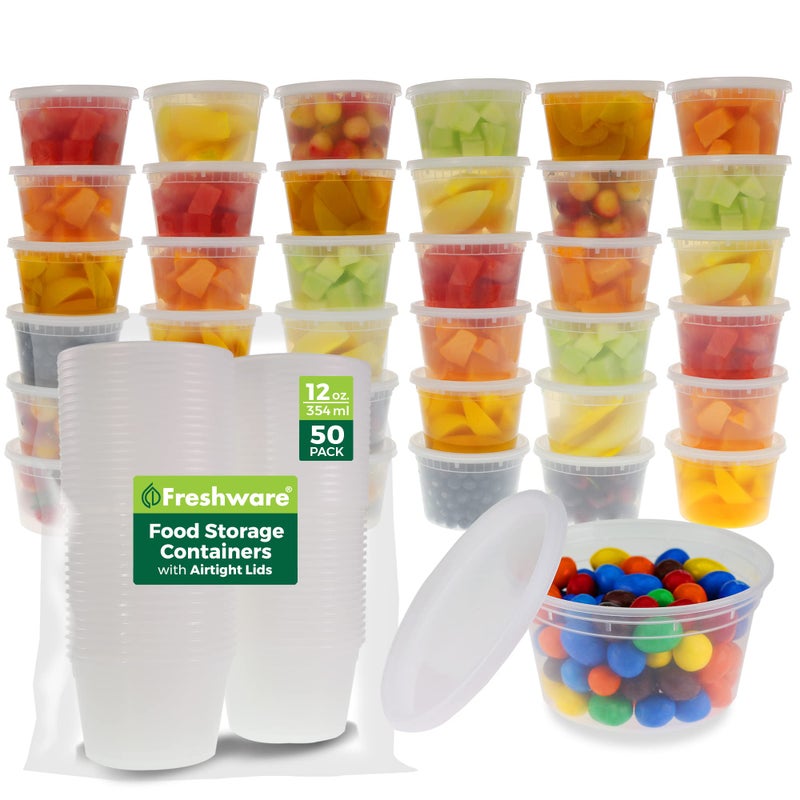 Freshware Food Storage Containers [50 Set] 12 oz Plastic Deli Containers with Lids, Slime, Soup, Meal Prep Containers | BPA Free | Stackable | Leakproof | Microwave/Dishwasher/Freezer Safe - Image 1