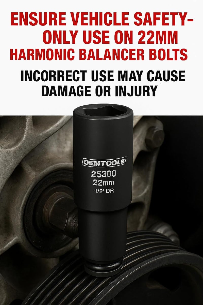 OEMTOOLS 25300 22mm Crank Bolt Socket, Heavy Duty Harmonic Balancer Socket For Stubborn Bolts, 22mm Impact Socket 1/2 Drive Crank Bolt Removal Tool - Image 2