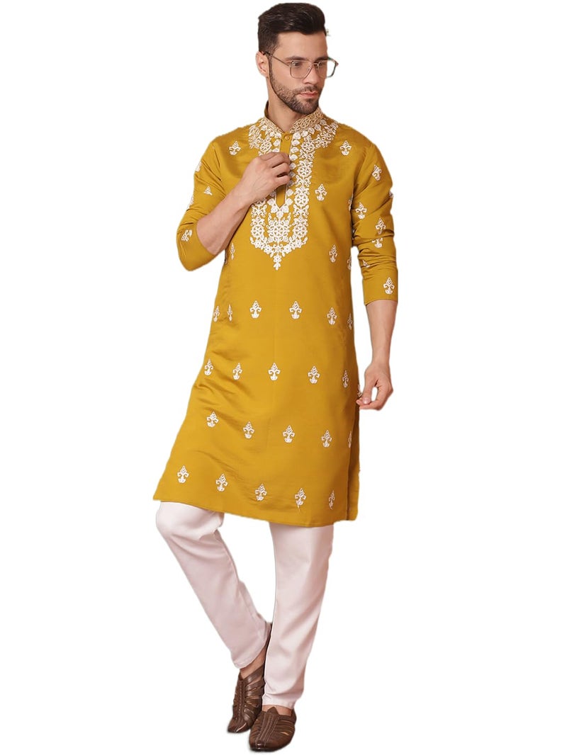 Jompers Men's Mustard Chikankari Embroidered Kurta With Pyjama. (Mustard, M) - Image 1