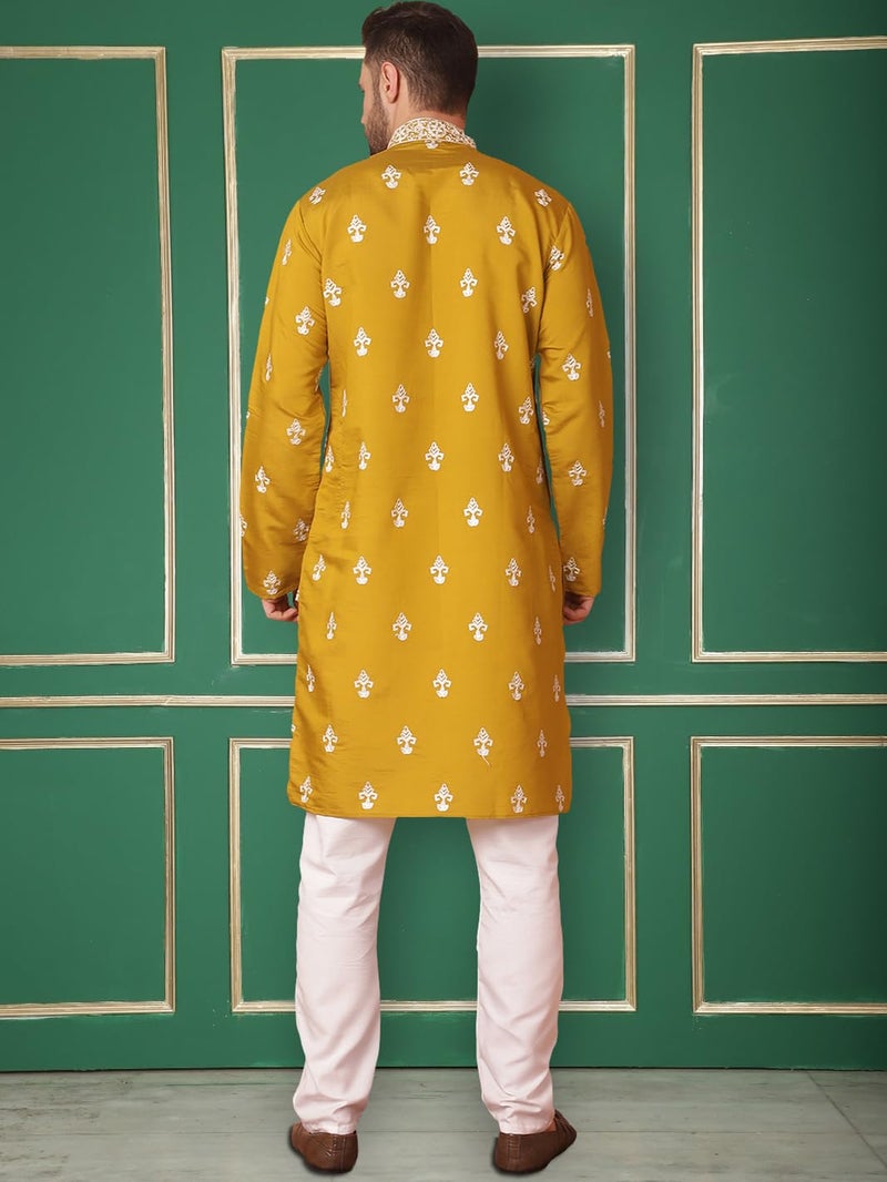 Jompers Men's Mustard Chikankari Embroidered Kurta With Pyjama. (Mustard, M) - Image 2