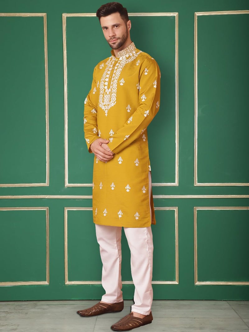 Jompers Men's Mustard Chikankari Embroidered Kurta With Pyjama. (Mustard, M) - Image 3