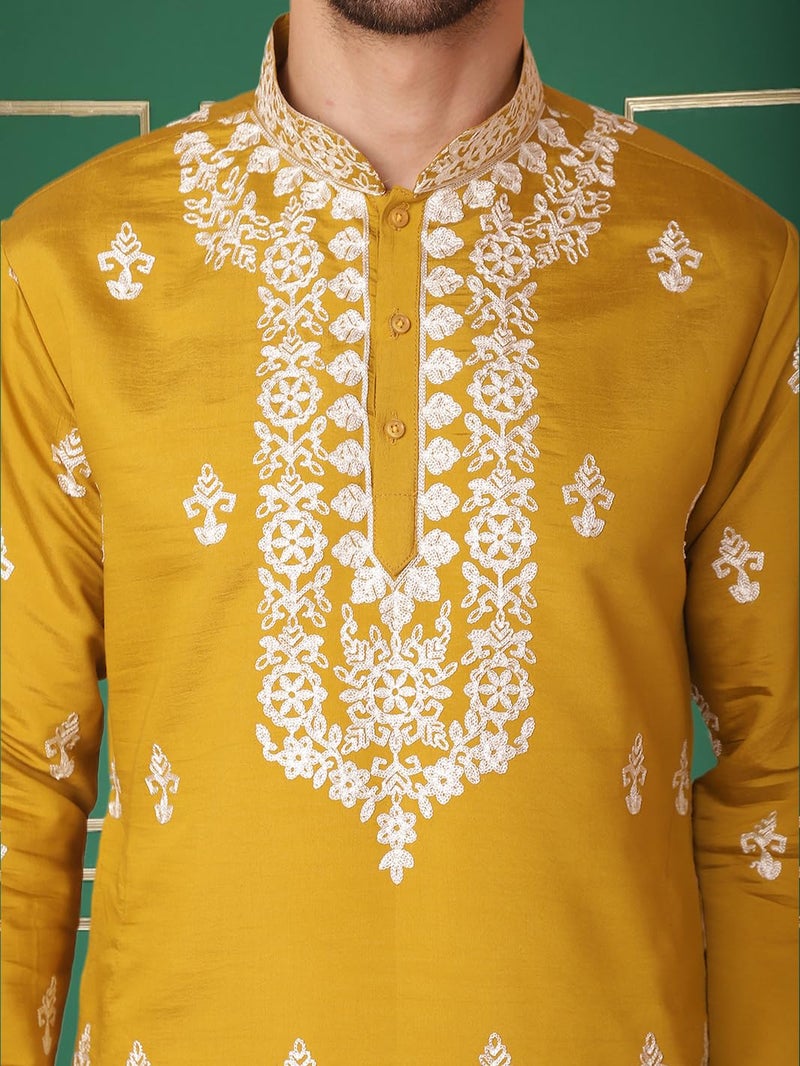 Jompers Men's Mustard Chikankari Embroidered Kurta With Pyjama. (Mustard, M) - Image 5
