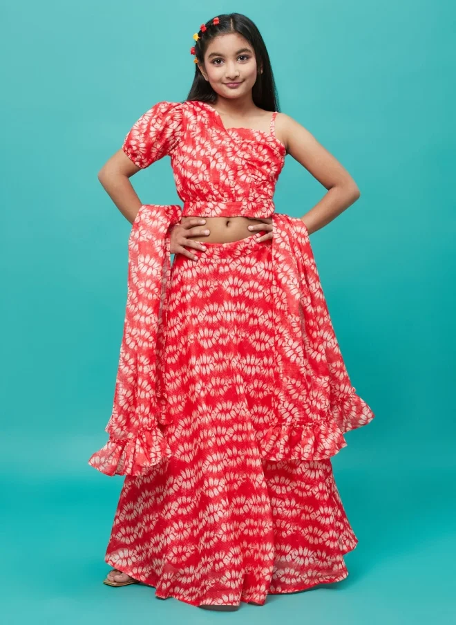 AKS Red Printed Lehenga Choli Set for Girls