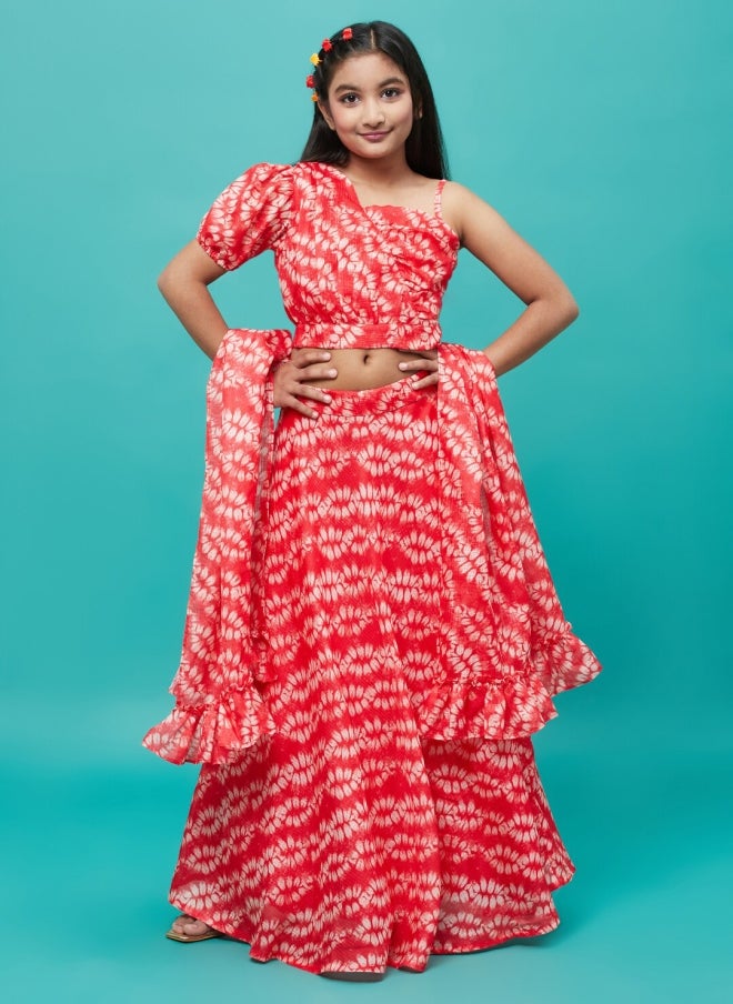 AKS Red Printed Lehenga Choli Set for Girls - Image 1