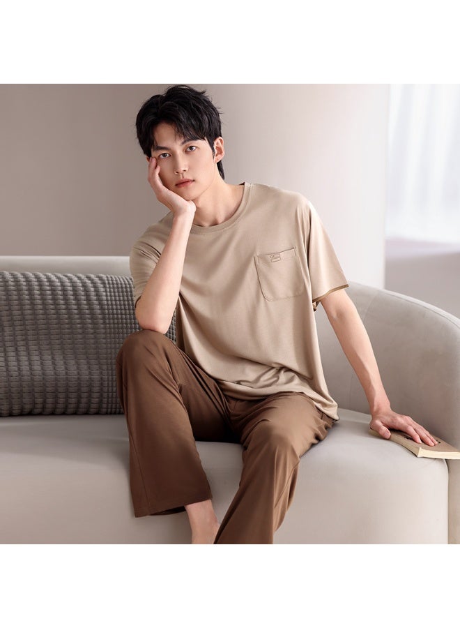 Summer Modal Soft Home Clothes for Men Short Sleeves Long Pant 2Pcs/set Solid Color Sleepwear Male Pjs Pijamas Hombre - Image 1