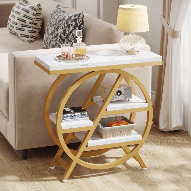Tribesigns End Table for Living Room, 3-Tier Faux Marble Side Table with Storage, Wood Narrow Sofa Side Table with Geometric Metal Frame, Modern Nightstand and Bedside Table for Bedroom, Gold & White - Image 3