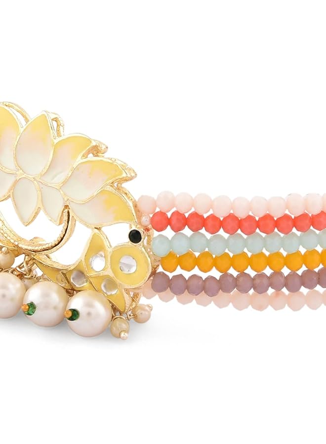 erorex Multicolor Crystals Beaded Multistrand Lotus Meenakari Choker Necklace Earring And Ring Set For Women Zpfk14751  - Image 4