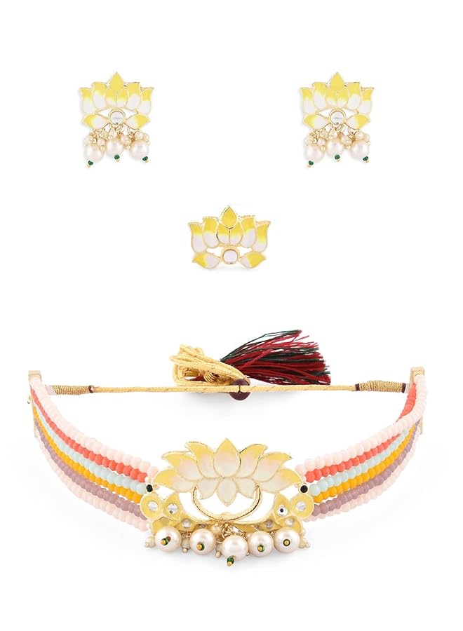 erorex Multicolor Crystals Beaded Multistrand Lotus Meenakari Choker Necklace Earring And Ring Set For Women Zpfk14751  - Image 1