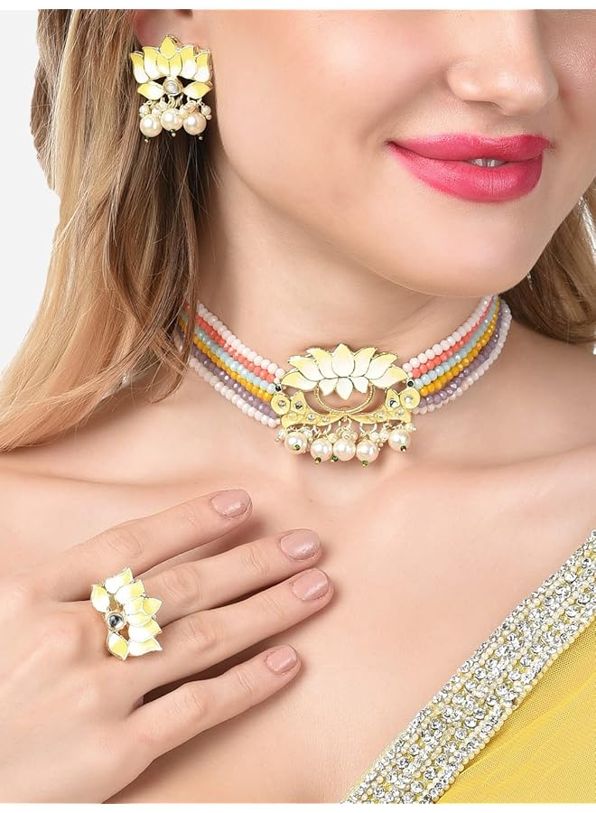 erorex Multicolor Crystals Beaded Multistrand Lotus Meenakari Choker Necklace Earring And Ring Set For Women Zpfk14751  - Image 2